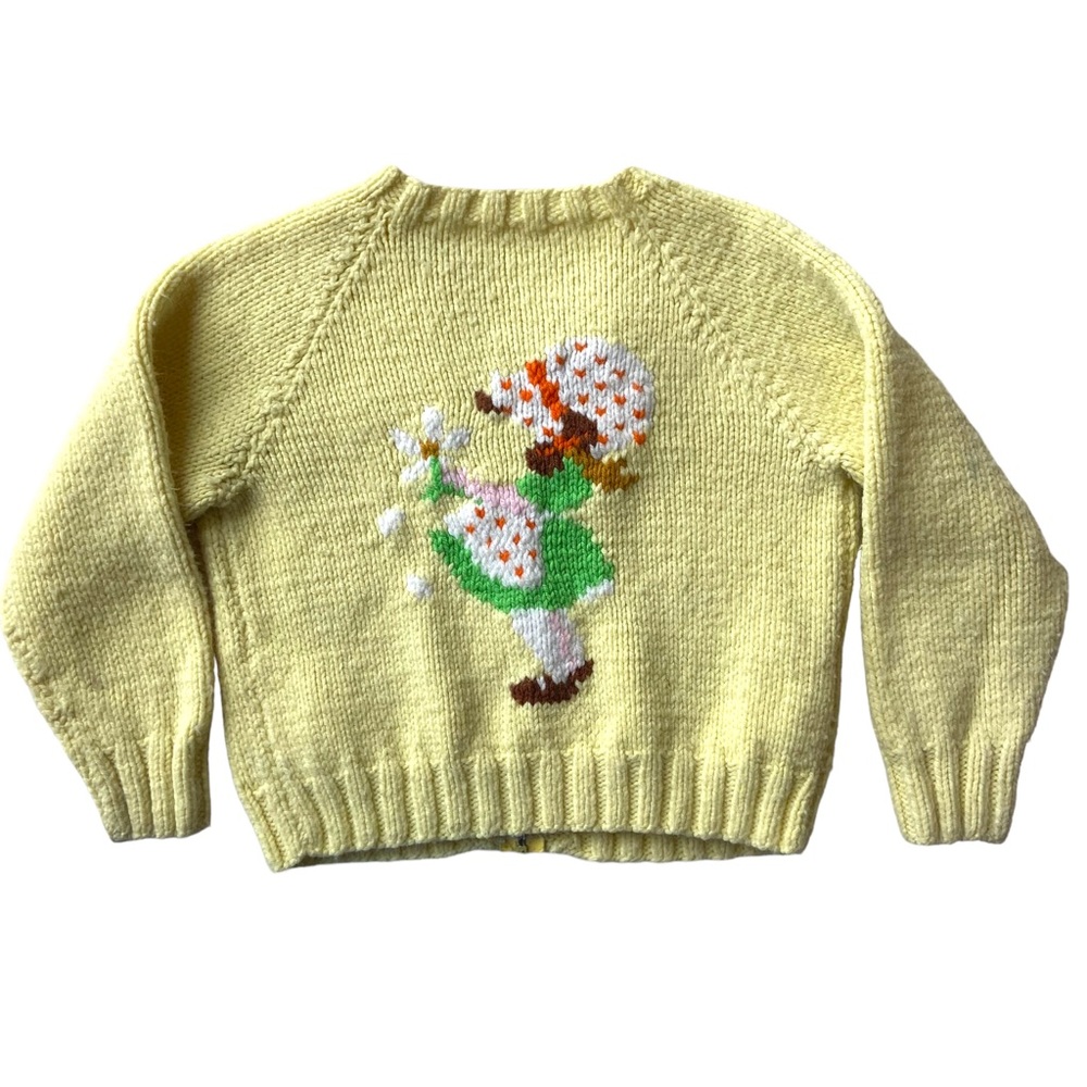 VINTAGE 70s Handmade Sweater Hand Knit Zip Sweatshirt Yellow Sweatshirt